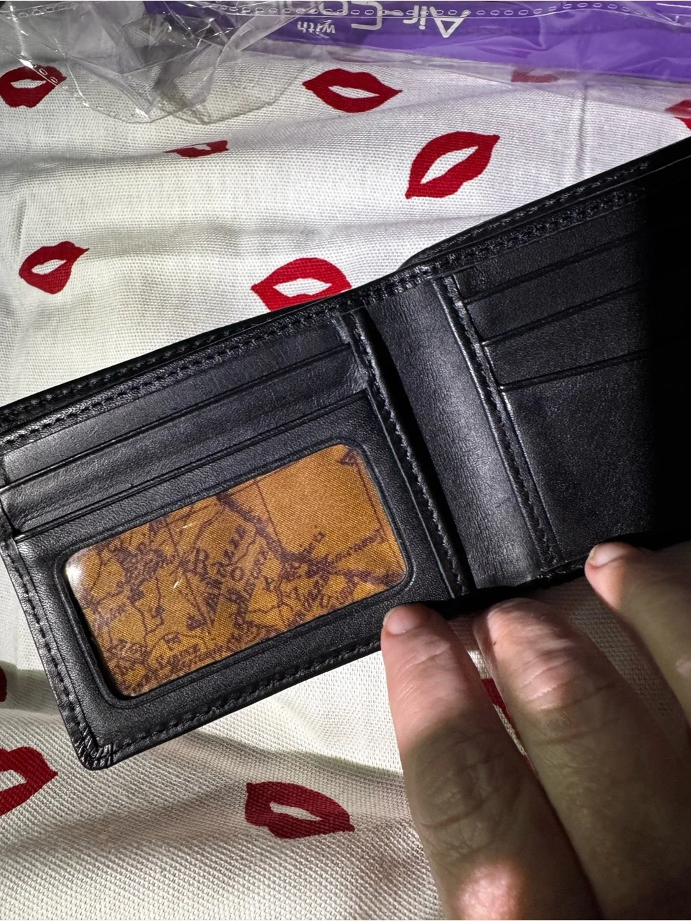 Patricia Nash vintage Classic Black Leather Men's Bi-Fold Wallet with map fabric